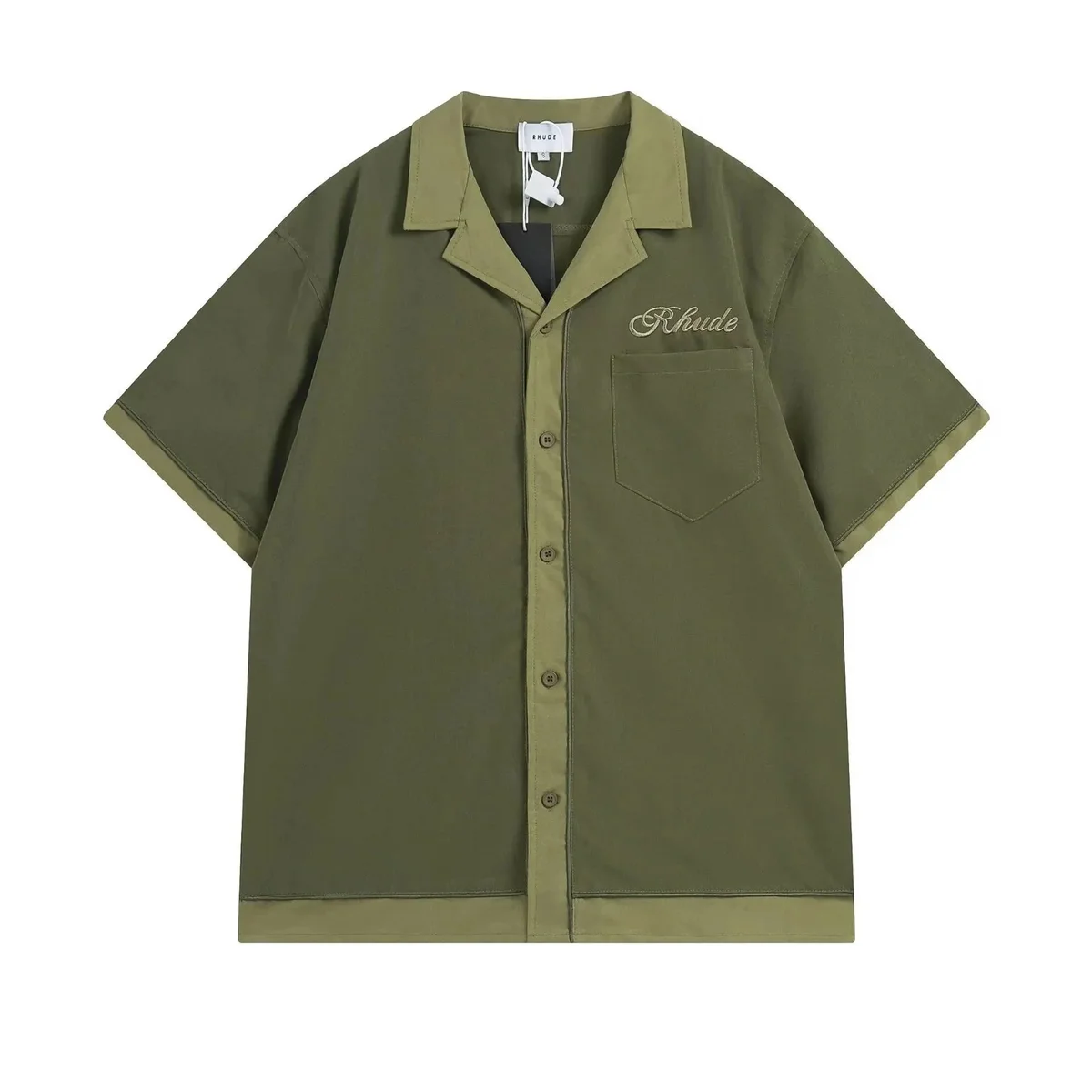 Rhude Rhude Olive Green Logo Embroidered Short Sleeve Shirt Green - 1