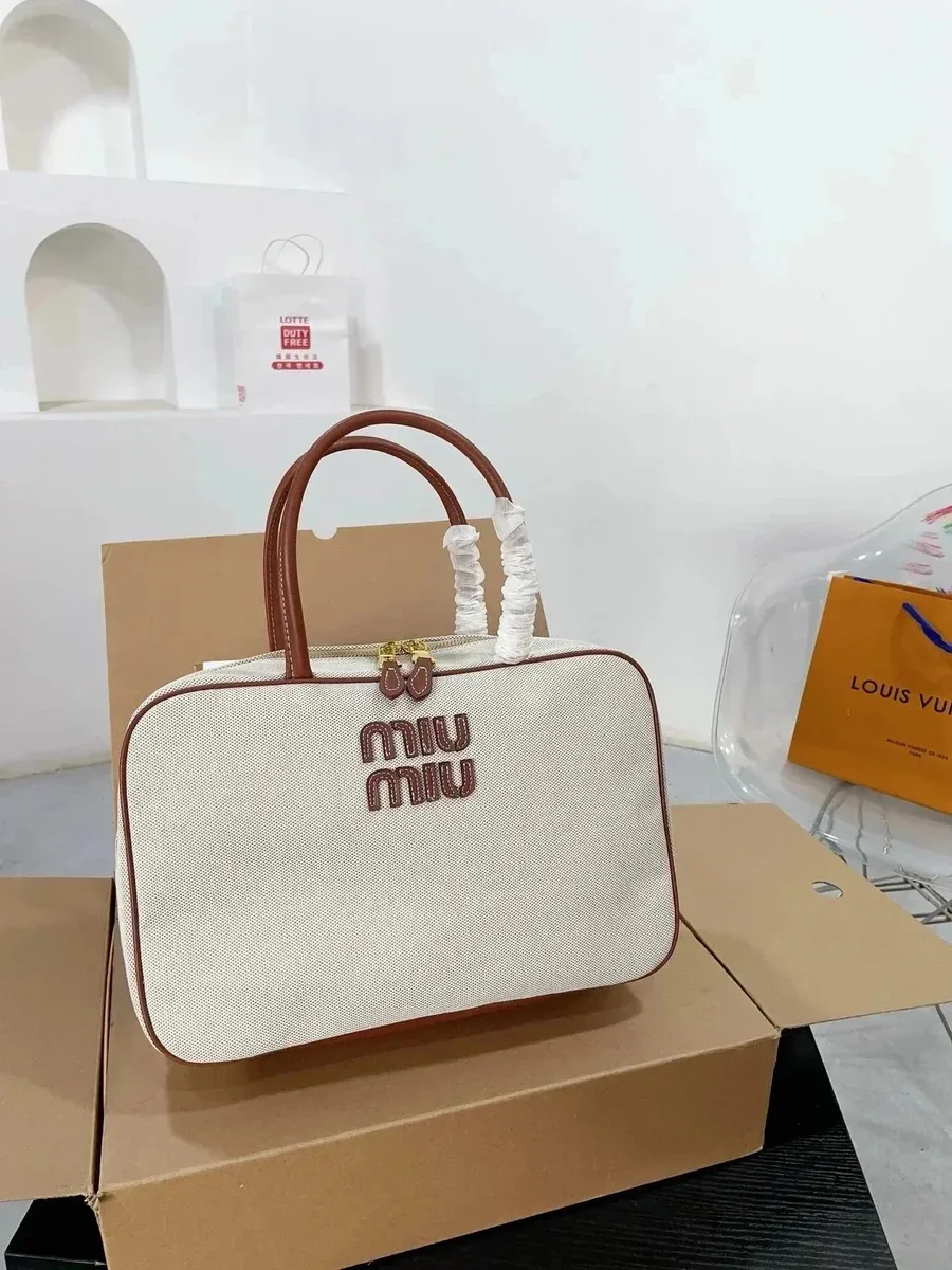 Miu Miu Miu Miu Canvas Tote Bag with Embroidered Logo White - 1