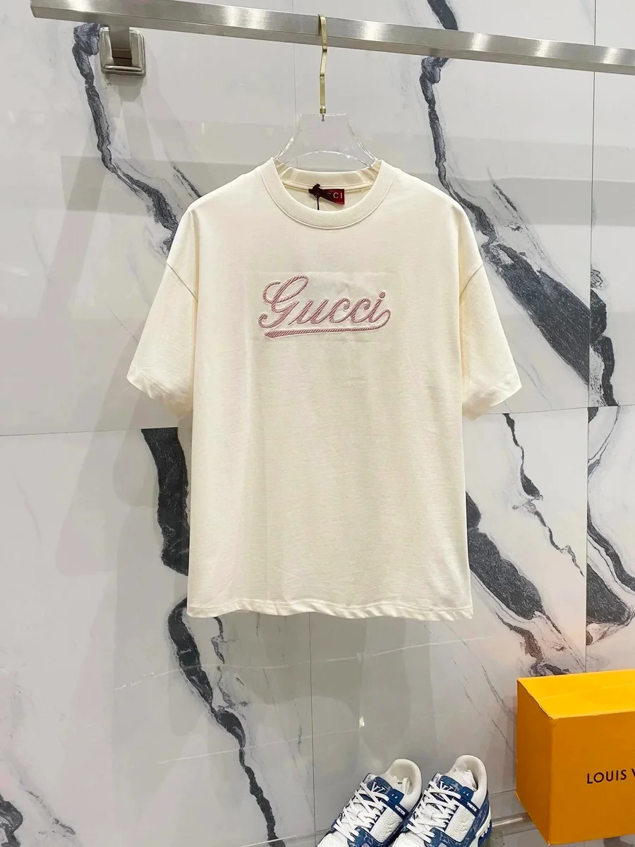Gucci Gucci Embroidered Logo T-Shirt Cream Solid Cream - 1