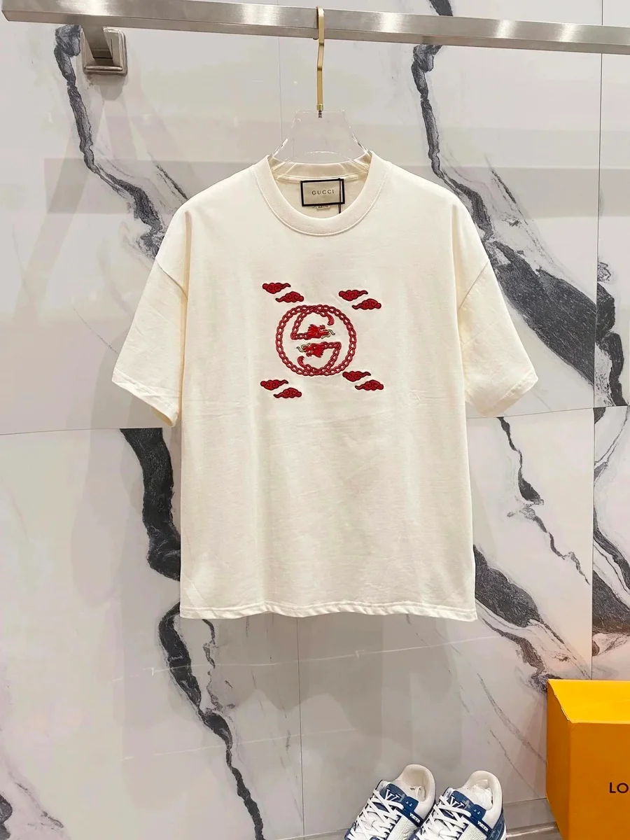 Gucci Gucci GG Marmont Beige T-Shirt with Red Embroidery Beige - 1