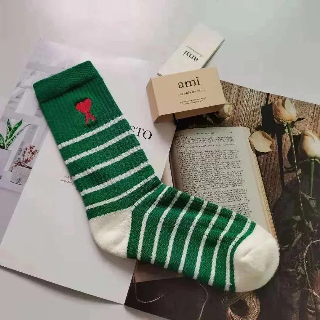 Ami Paris Ami Paris Green Striped Socks with Red Heart Logo Green - 1