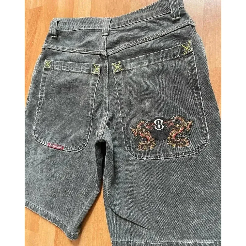 Other Unisex Dragon Embroidered Denim Shorts Grey Grey - 1