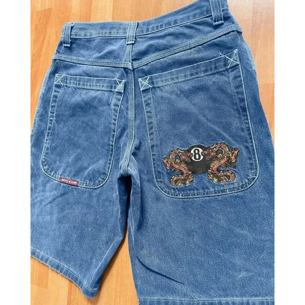 Other Unisex Dragon Embroidered Denim Shorts Blue - 1