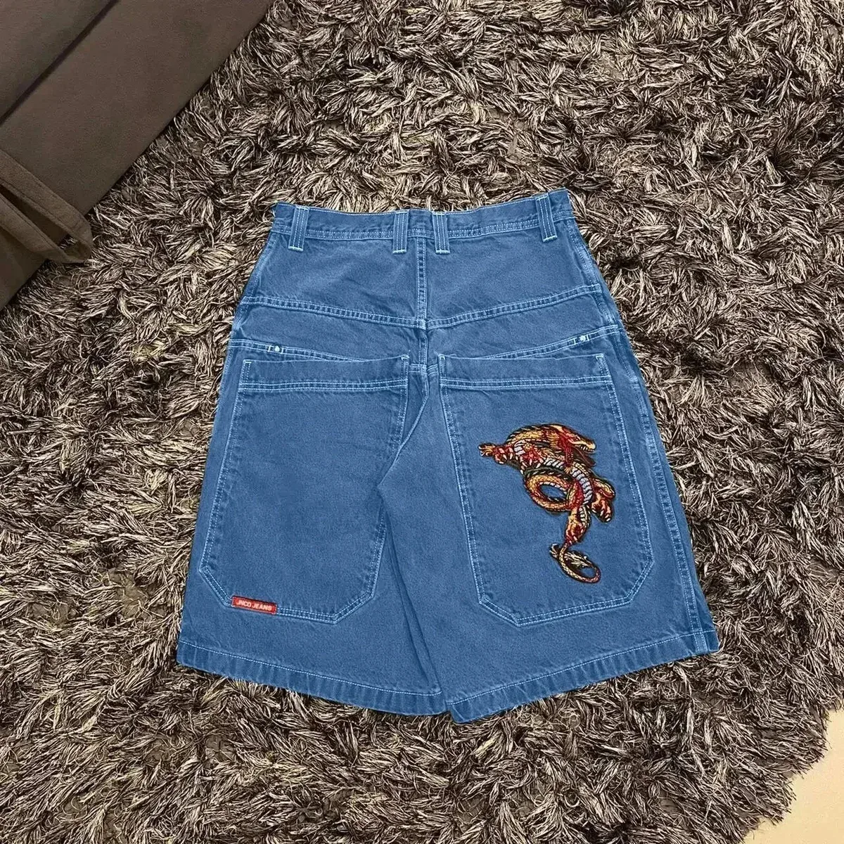 Other Unisex Blue Dragon Embroidered Denim Shorts Blue - 1