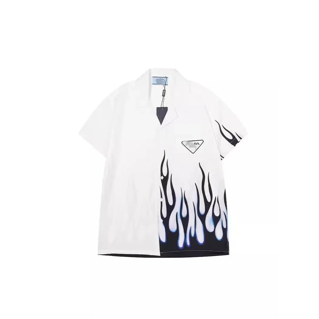 Prada Prada Triangle Logo Flame Print Short Sleeve Shirt White White - 1