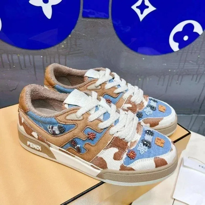 Fendi Fendi Peekaboo Cow Print Embellished Sneakers Brown