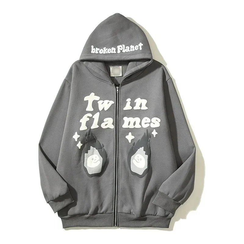 Other Unisex 'Broken Planet' Twin Flames Zip-Up Hoodie Grey Grey - 1