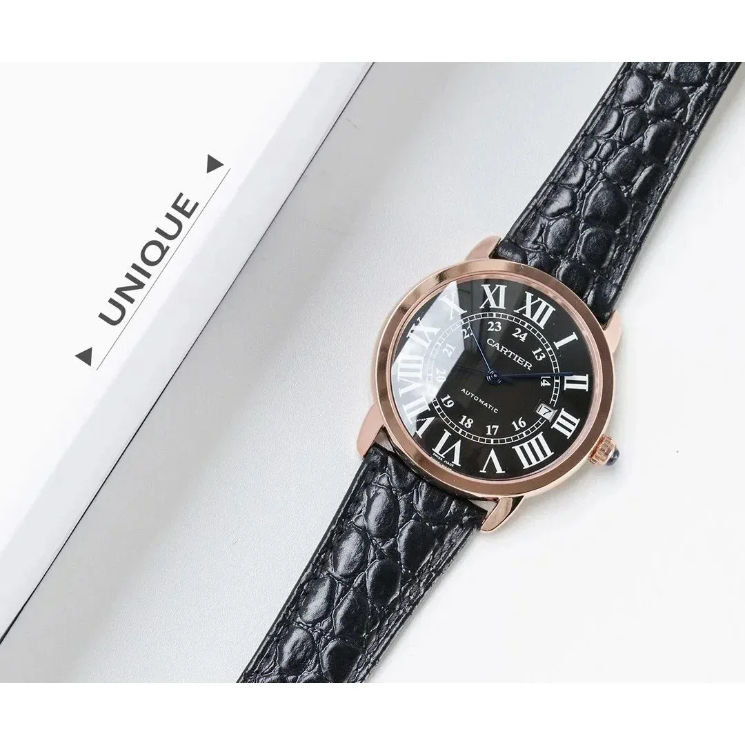Cartier Cartier Ronde Rose Gold Black Crocodile Leather Watch Black - 1