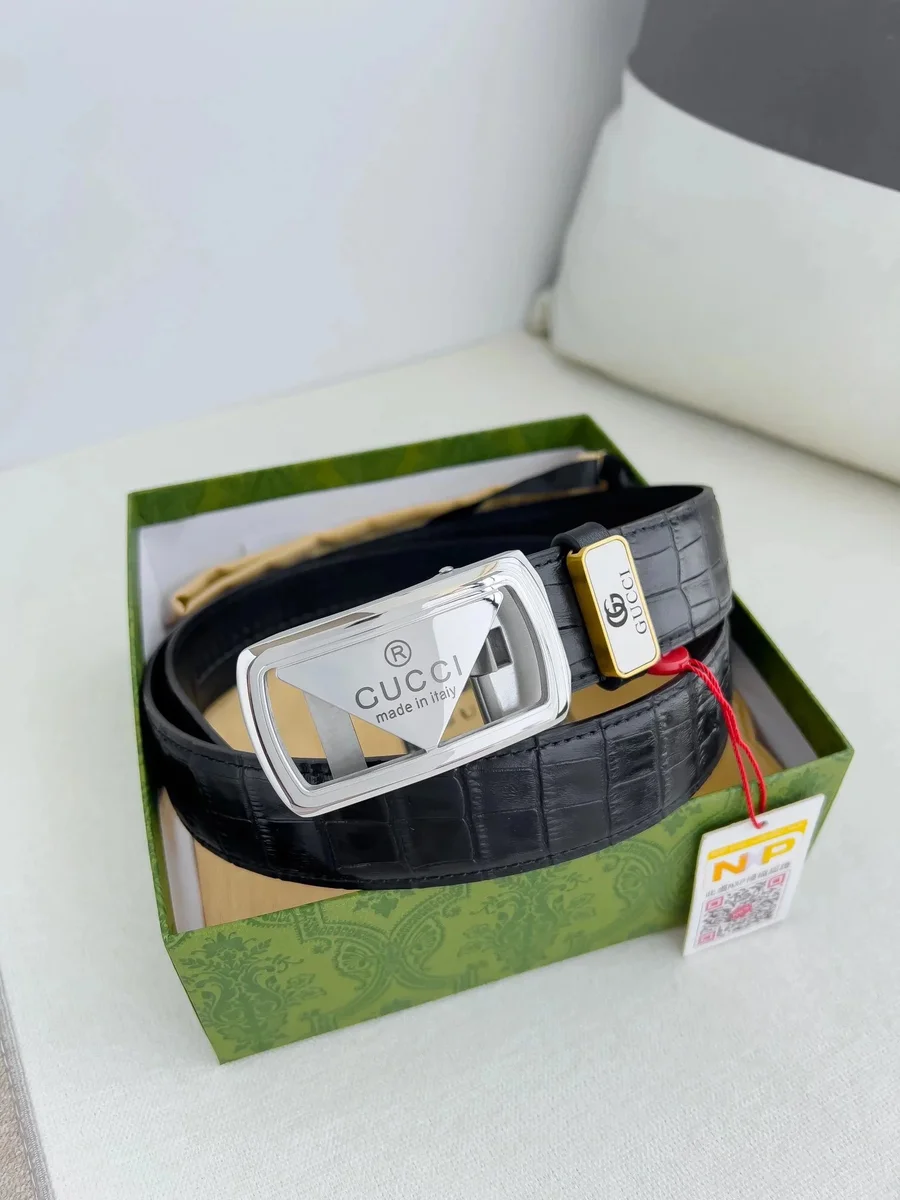 Gucci Gucci Black Crocodile Texture Belt with Silver Buckle Black - 1