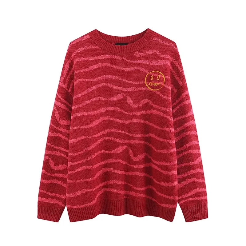 Other Striped Red & Pink Knit Sweater with Smile Embroidery Red - 1