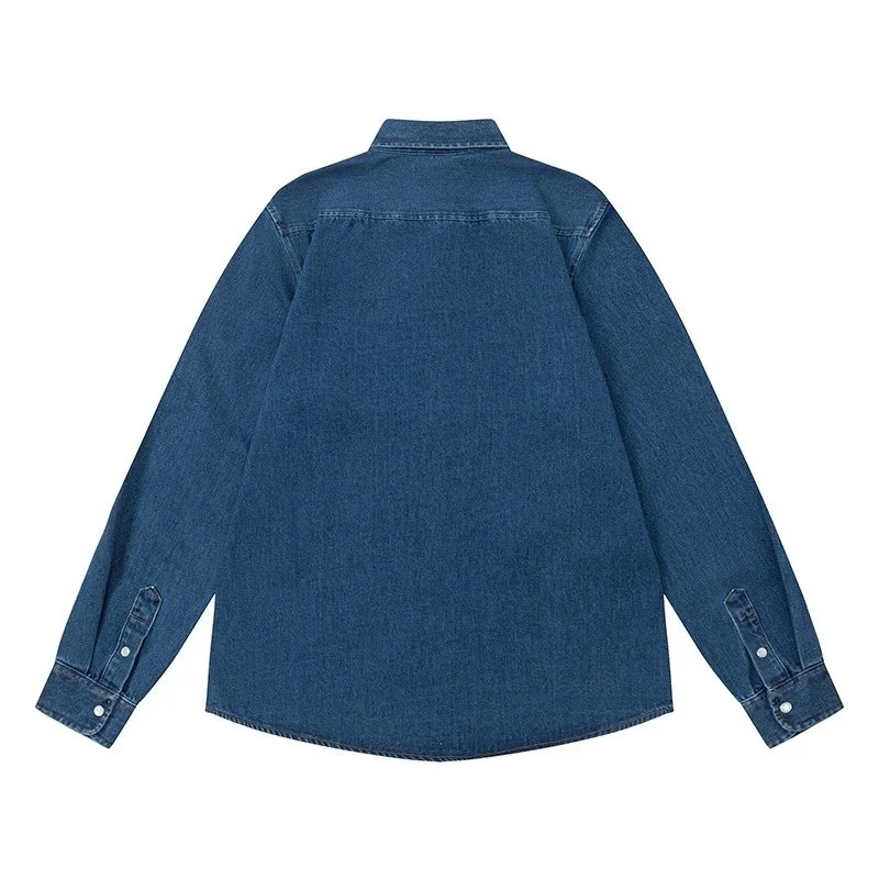 Other Unisex Washed Dark Blue Long Sleeve Denim Shirt Blue - 1