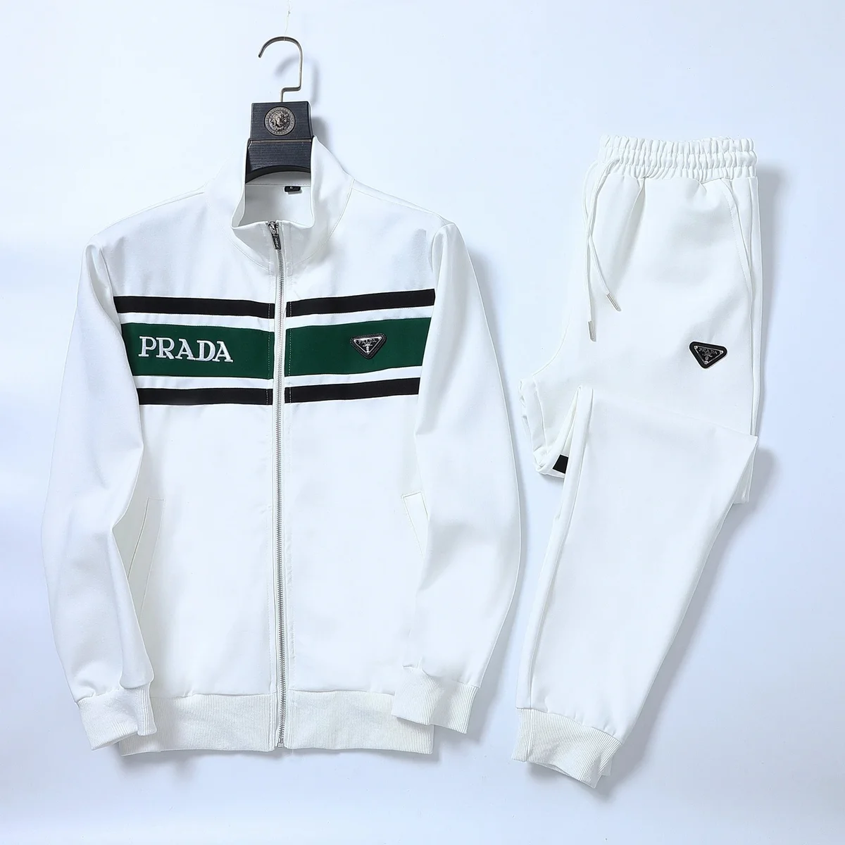 Prada Prada Re-Nylon White with Green Stripes Tracksuit White - 1