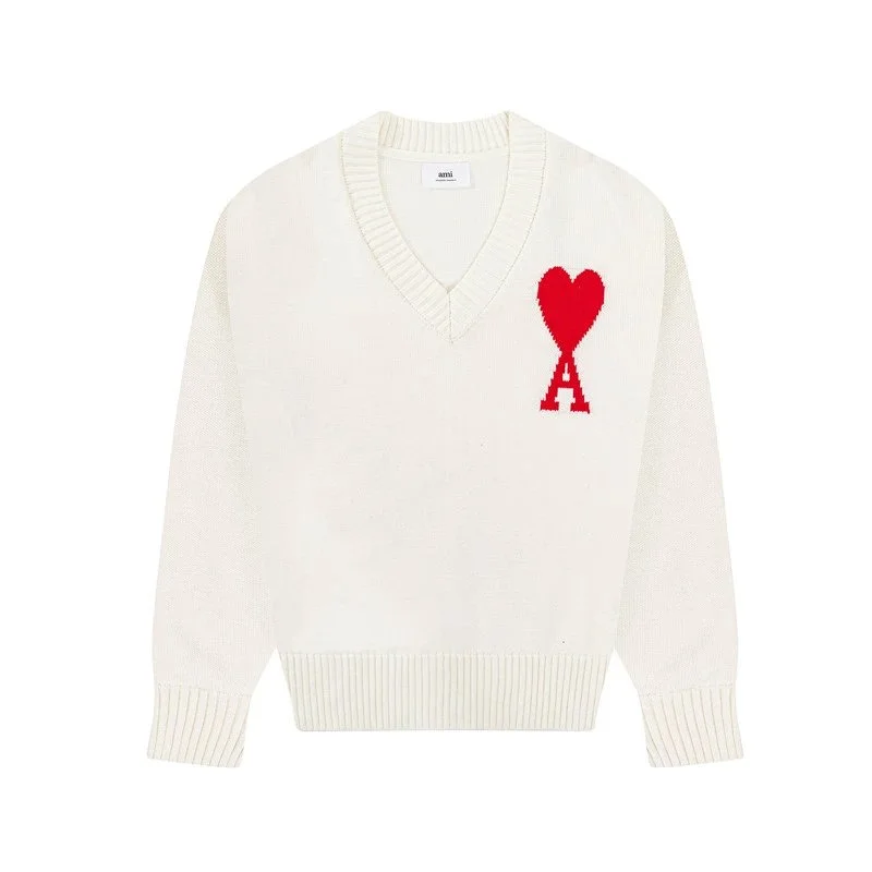 Ami Paris AMI Ami de Coeur V-Neck Sweater Cream Red Heart Cream - 1