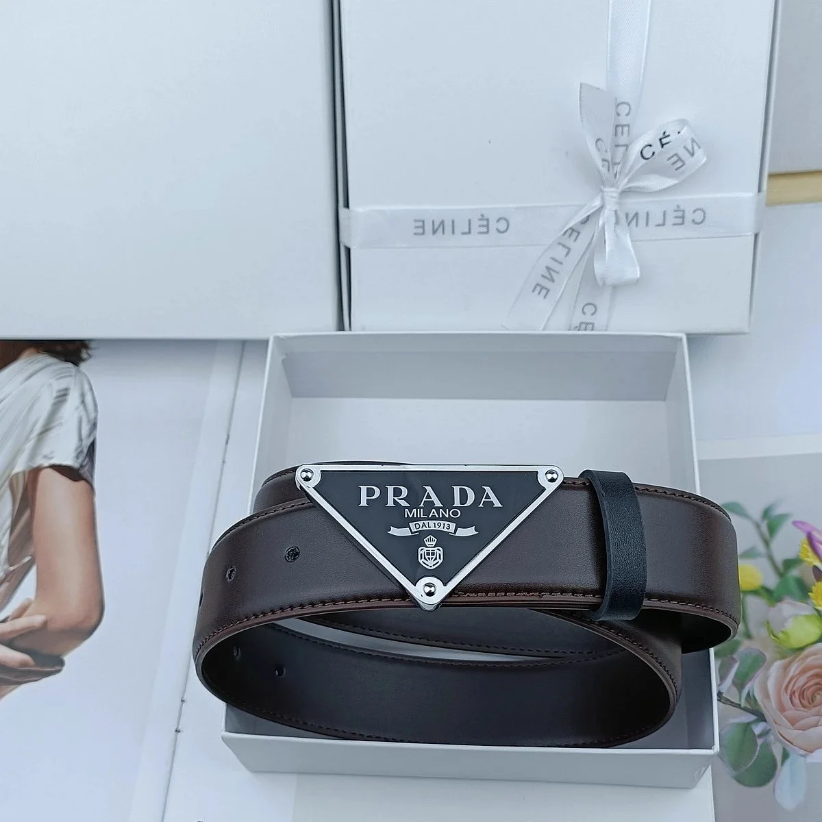 Prada Prada 3.8 Triangle Silver Buckle Smooth Brown Belt Brown - 1