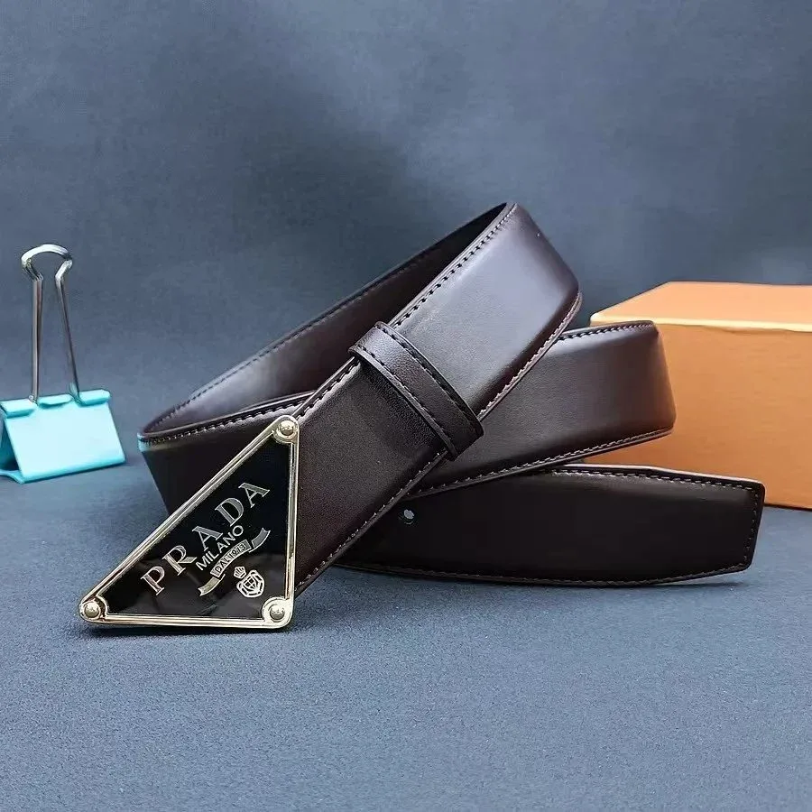 Prada Prada Triangle Gold Buckle Smooth Brown Belt Brown - 1
