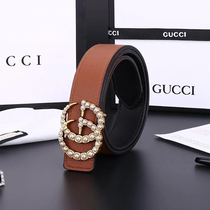 Gucci Gucci Pearl-Embellished MM Belt Brown Leather Brown - 1