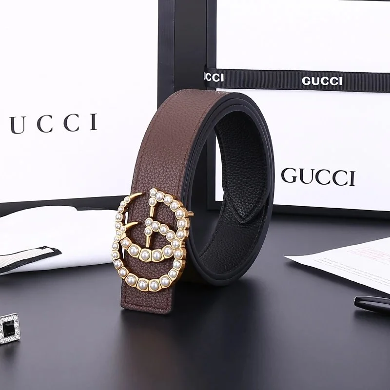 Gucci Gucci Pearl-Embellished Belt Brown Leather Brown - 1