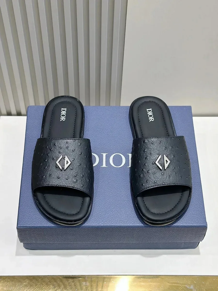 Dior Dior CD Logo Black Ostrich Leather Slippers Black - 1