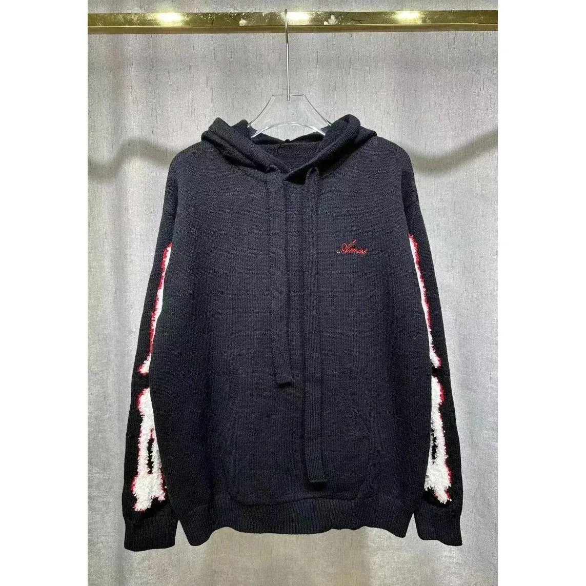 Amiri Amiri Black Hooded Knit with Red & White Accents Top Black - 1