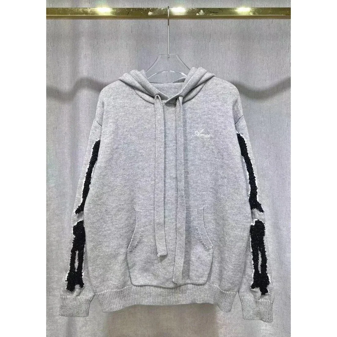 Other Gray Hooded Knit Sweater with Black Striped Sleeves Grey - 1