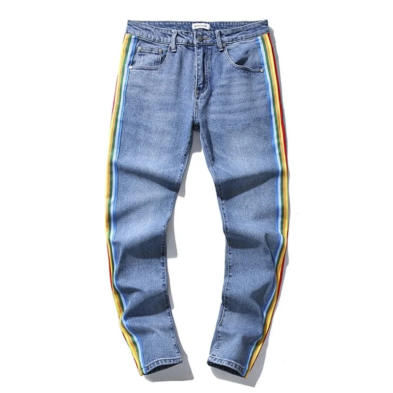 Other Unisex Rainbow Stripe Jeans PA007 Denim Pants Blue - 1