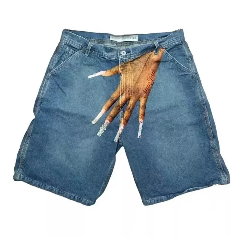 Other D29 Light Blue Denim Shorts with Hand Print Design Blue - 1