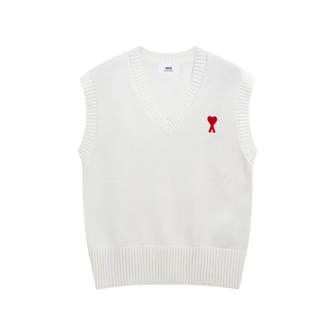Ami Paris Ami Paris Ami-22-02 White Sweater Vest with Red Heart Logo White - 1