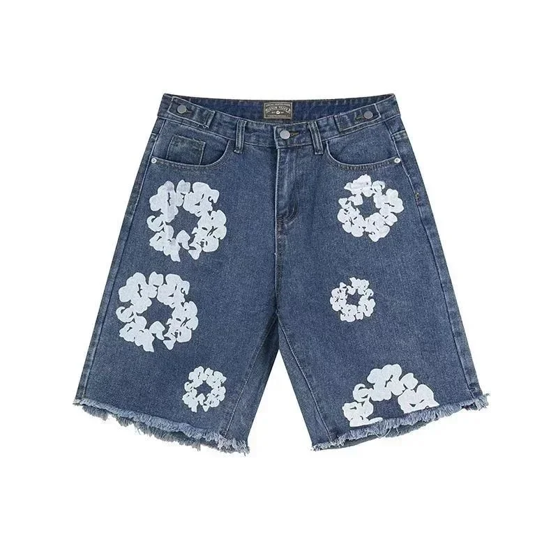 Other Unisex Denim Shorts Blue with White Floral Print Blue - 1