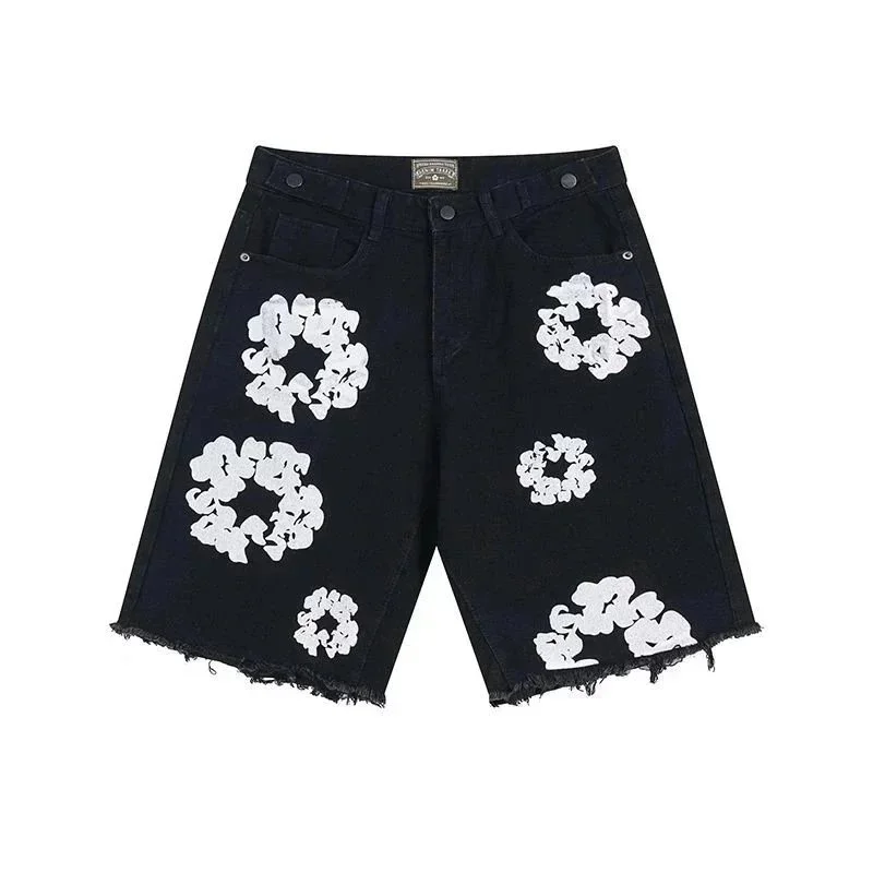 Other Unisex Black Denim Shorts with White Floral Appliqué Black - 1