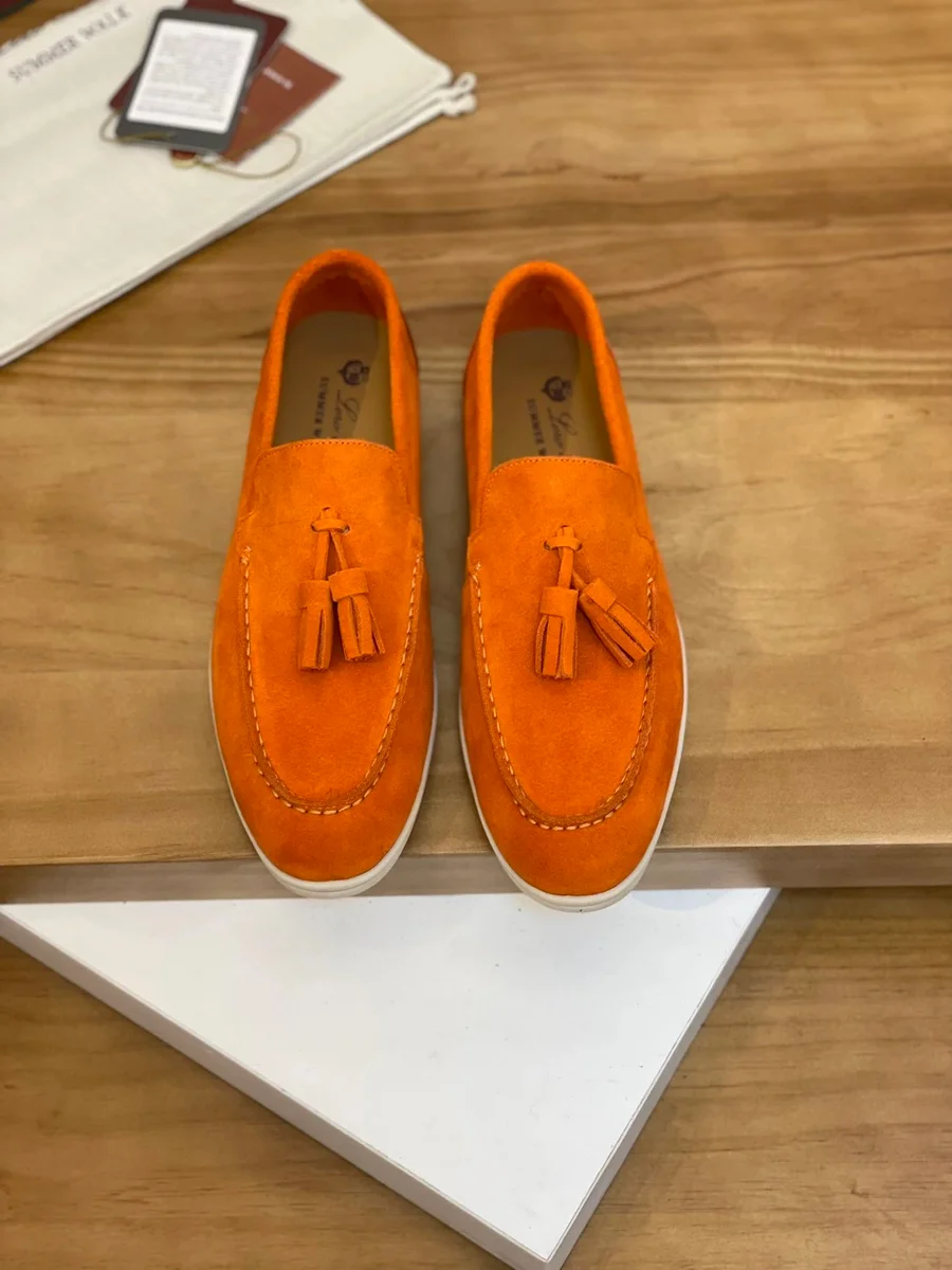Other Unisex Orange Suede Tassel Loafers Orange - 1