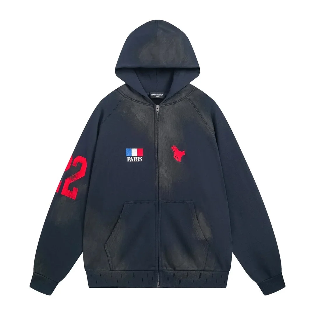 Balenciaga Balenciaga Paris Zip-Up Hoodie Dark Blue/Red Navy - 1