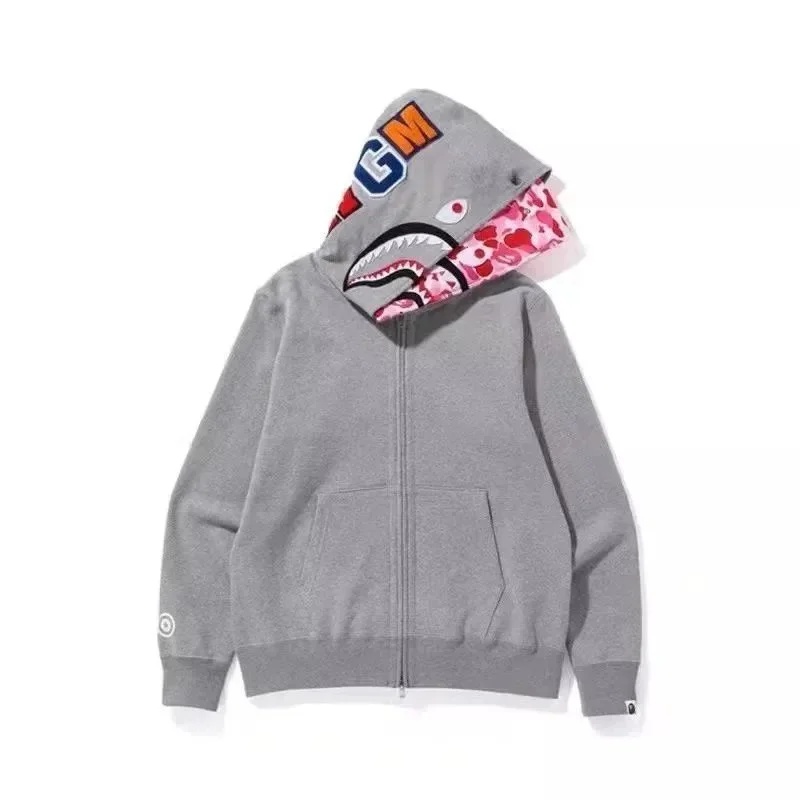 A Bathing Ape BAPE STA Shark Head Grey Hoodie with Pink Camo Lining Grey - 1