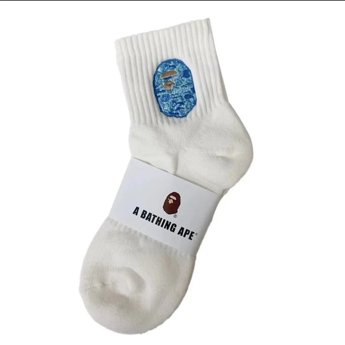 A Bathing Ape A Bathing Ape White Mid-Calf Socks with Blue Embroidery White - 1