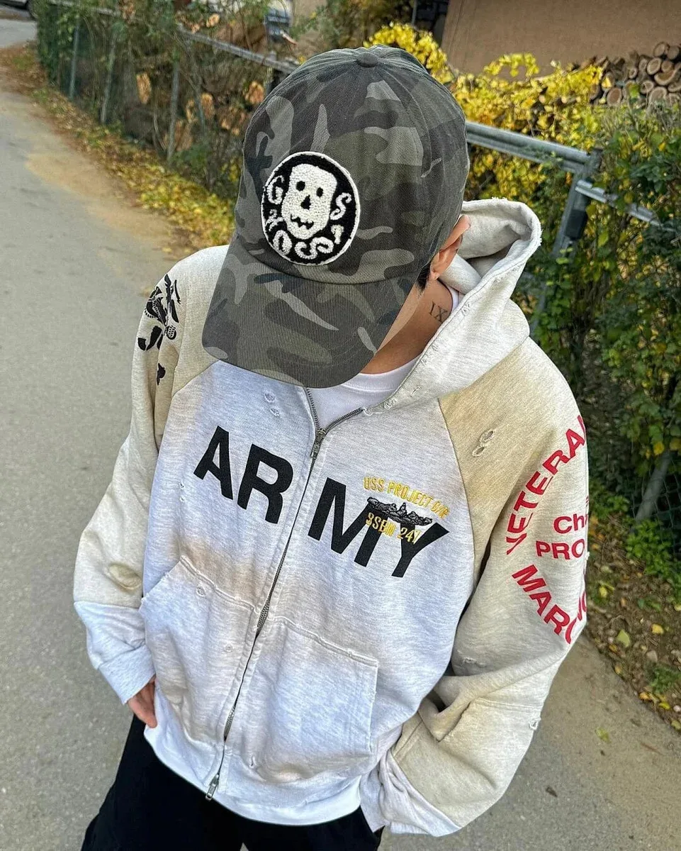 Other Unisex Army Zip-Up Hoodie in Grey Grey - 1