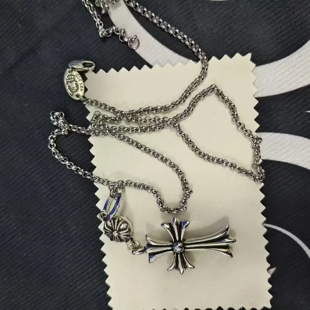 Chrome Hearts Chrome Hearts Cemetery Cross Necklace with Pearl Chain Silver - 1