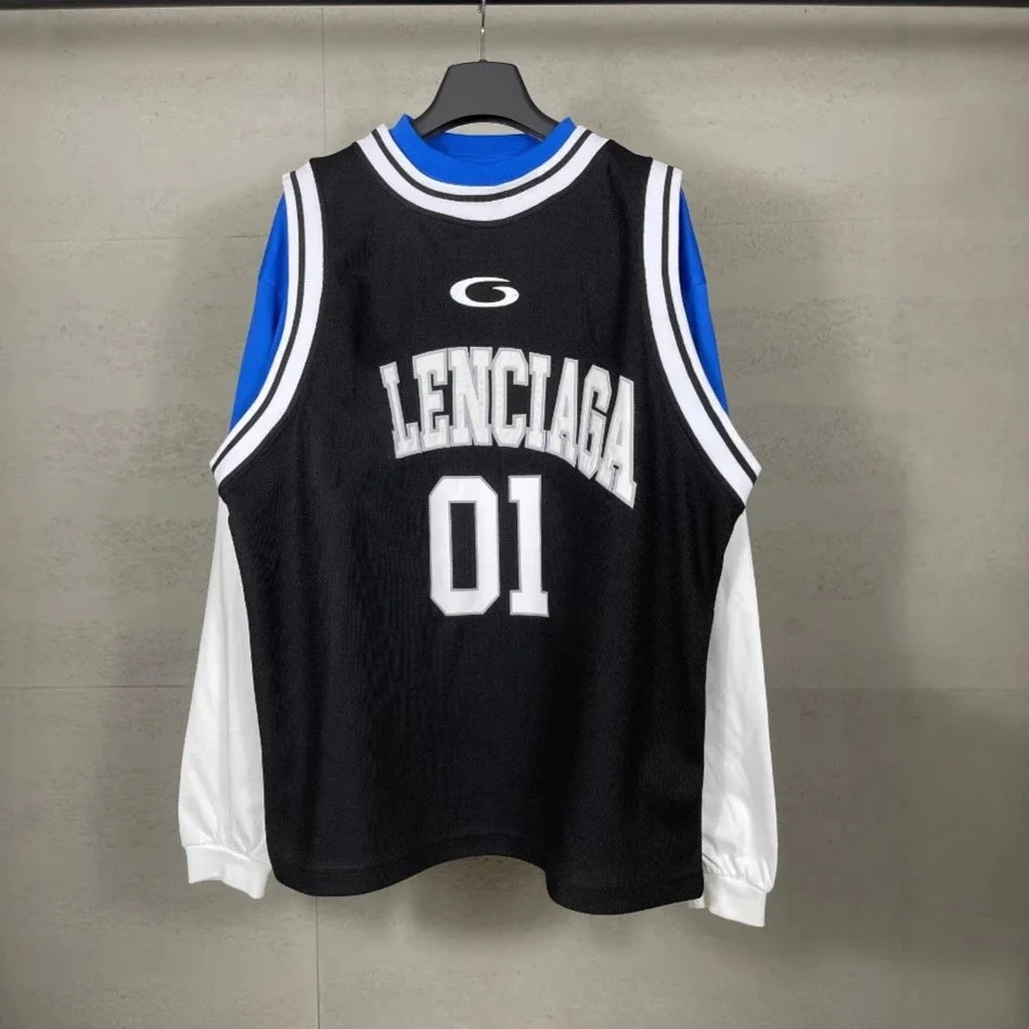 Other Black Lenciaga Basketball Jersey with Blue & White Sleeves Black - 1
