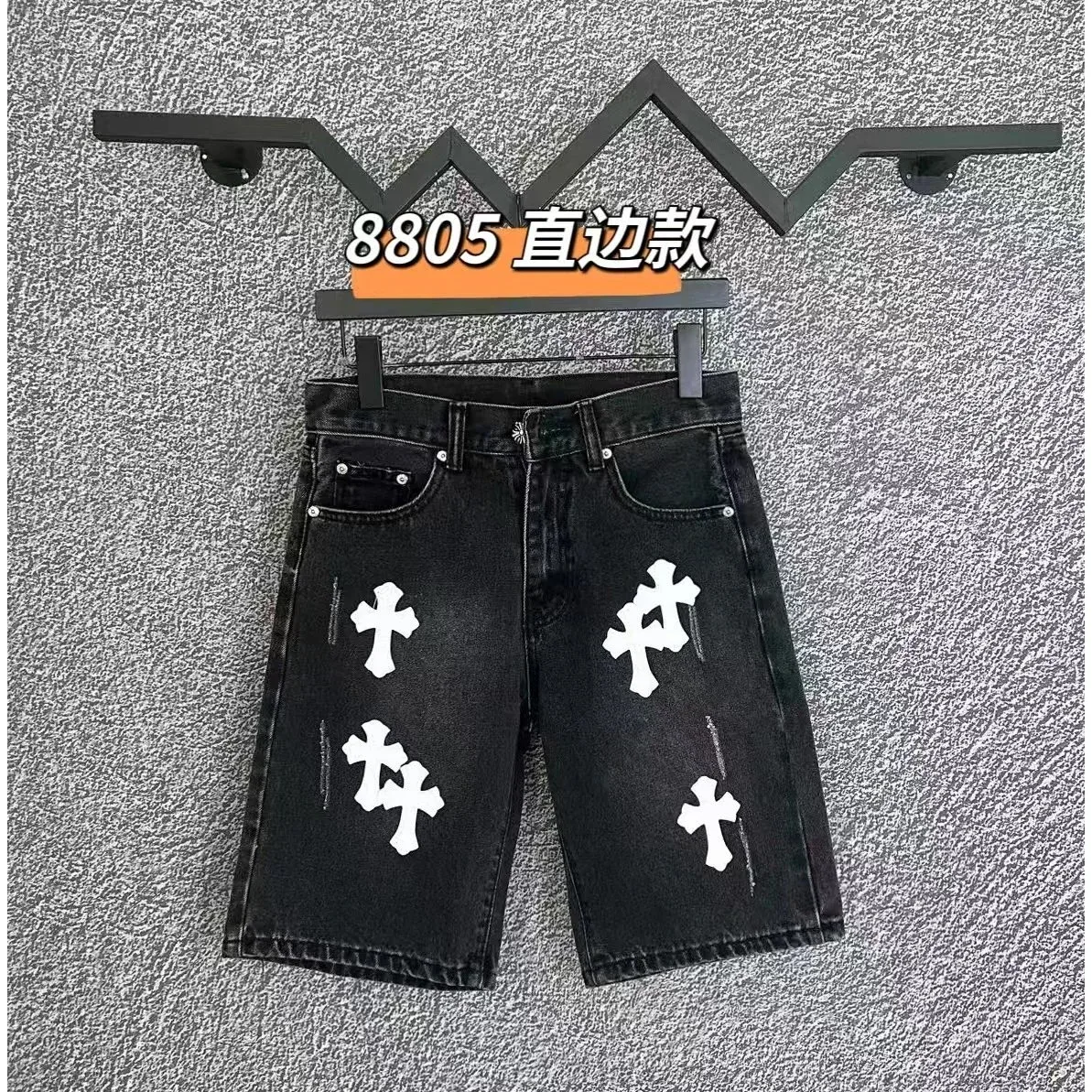 Other Unisex 8805 Cross Print Denim Shorts Black Black - 1