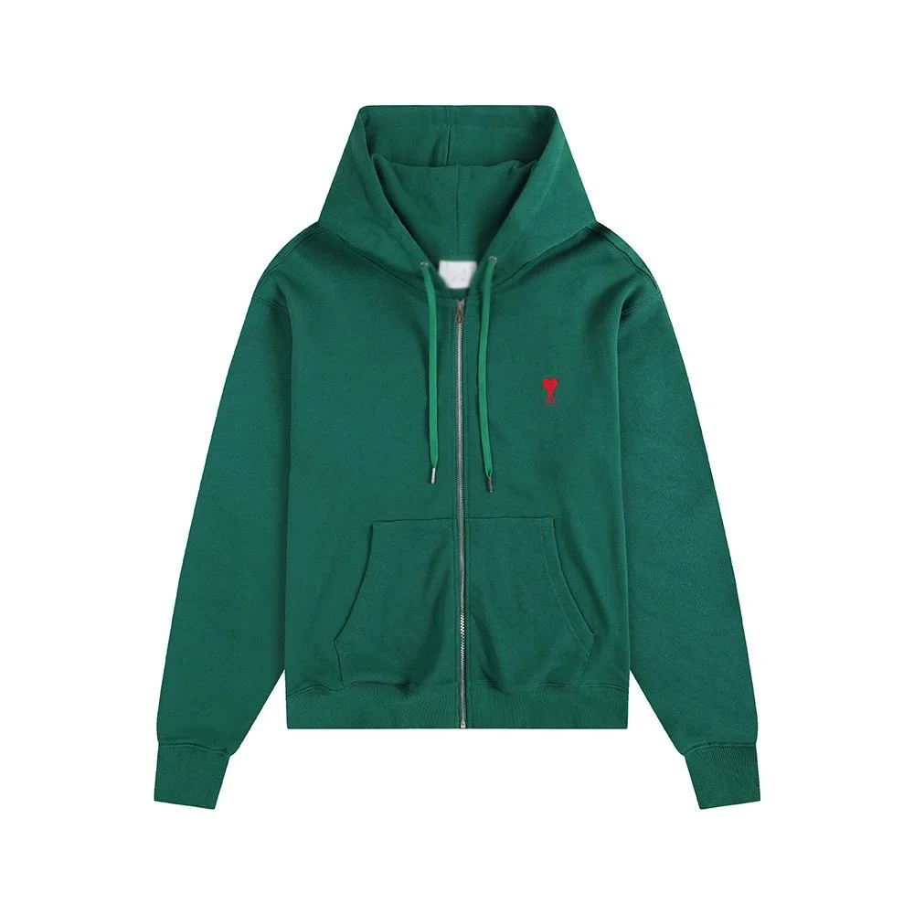 Ami Paris Ami Paris Green Hoodie with Red Logo Zip-Up Green - 1