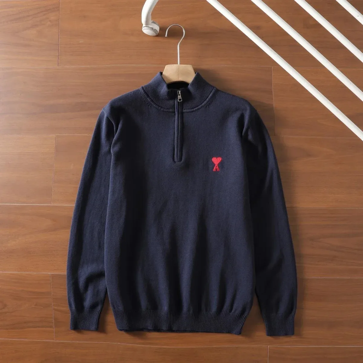 Ami Paris Ami Paris Navy AM Heart Zip Neck Sweater Navy - 1