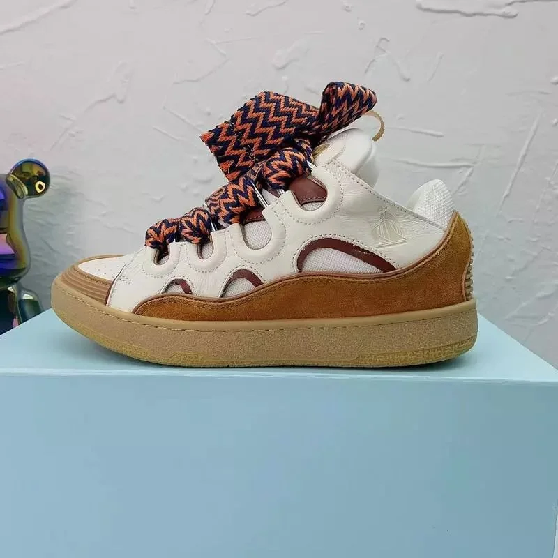 Other Unisex White & Brown Leather Sneakers with Zigzag Laces White - 1