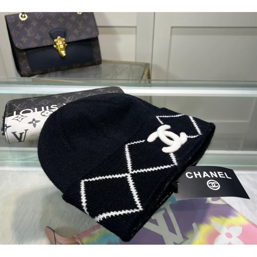 Chanel Black & White Diamond Beanie Hat