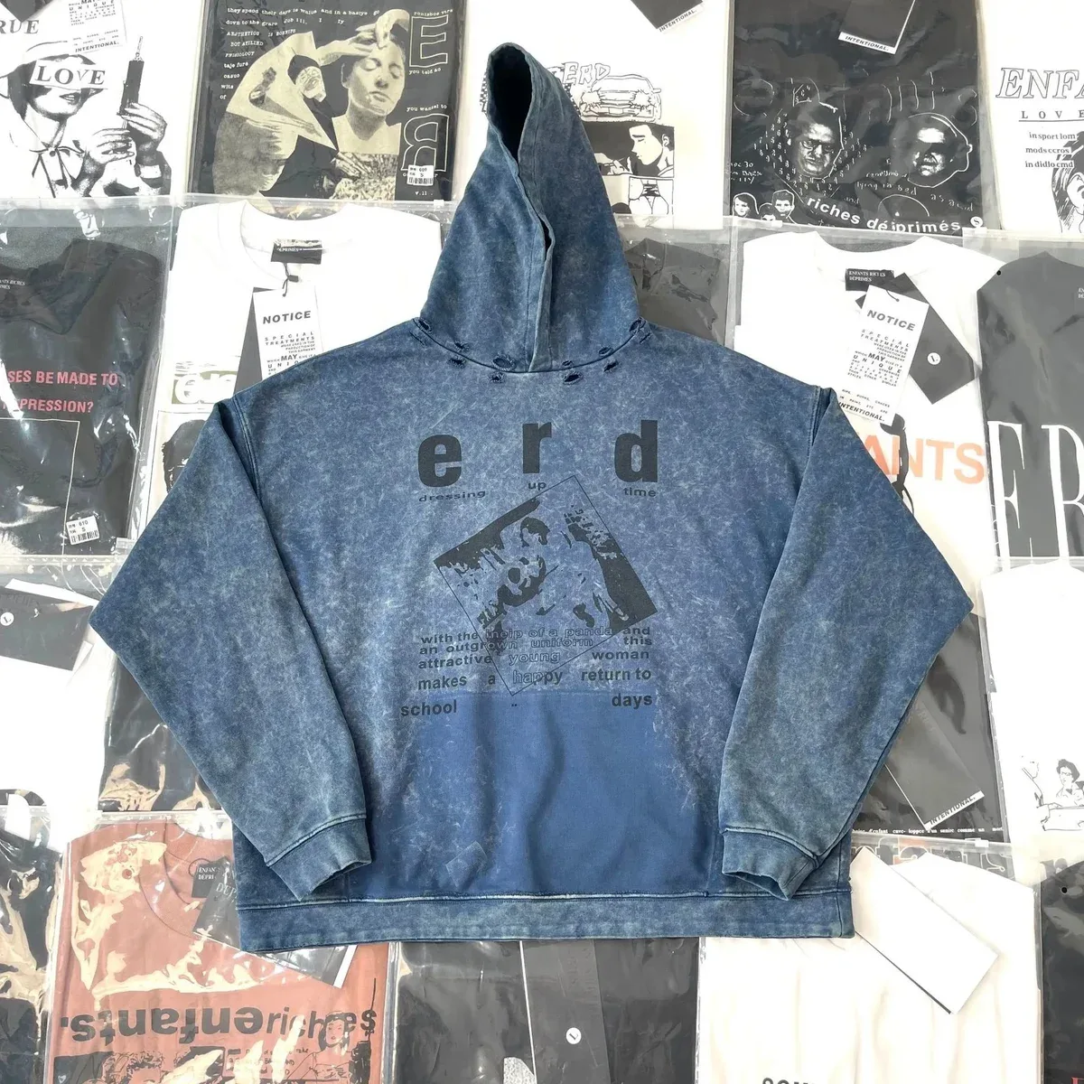 Other Unisex Distressed Denim Blue ERD Hoodie Blue - 1