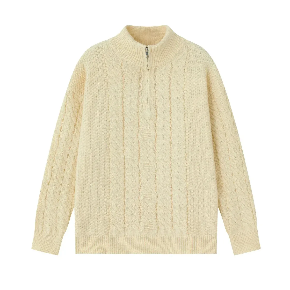 Other Unisex Cable Knit Half-Zip Sweater in 2608 Beige Beige - 1