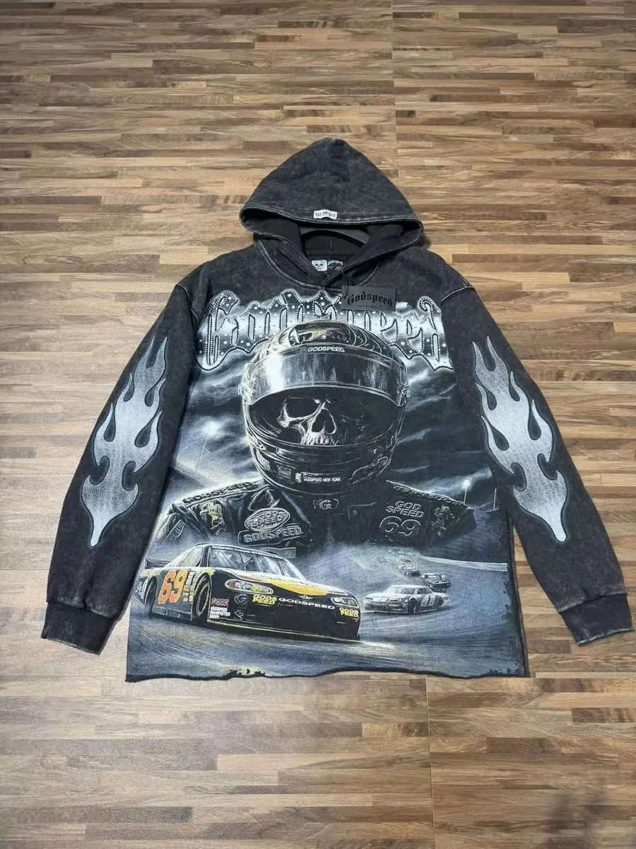 Godspeed Godspeed 6805 Washed Black Hoodie with Racing Print Black - 1