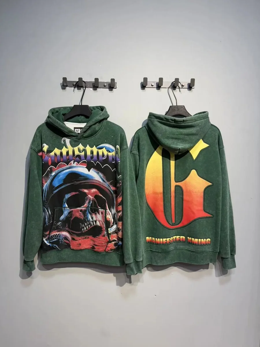 Other Unisex Washed Green Skull Print Hoodie Green - 1