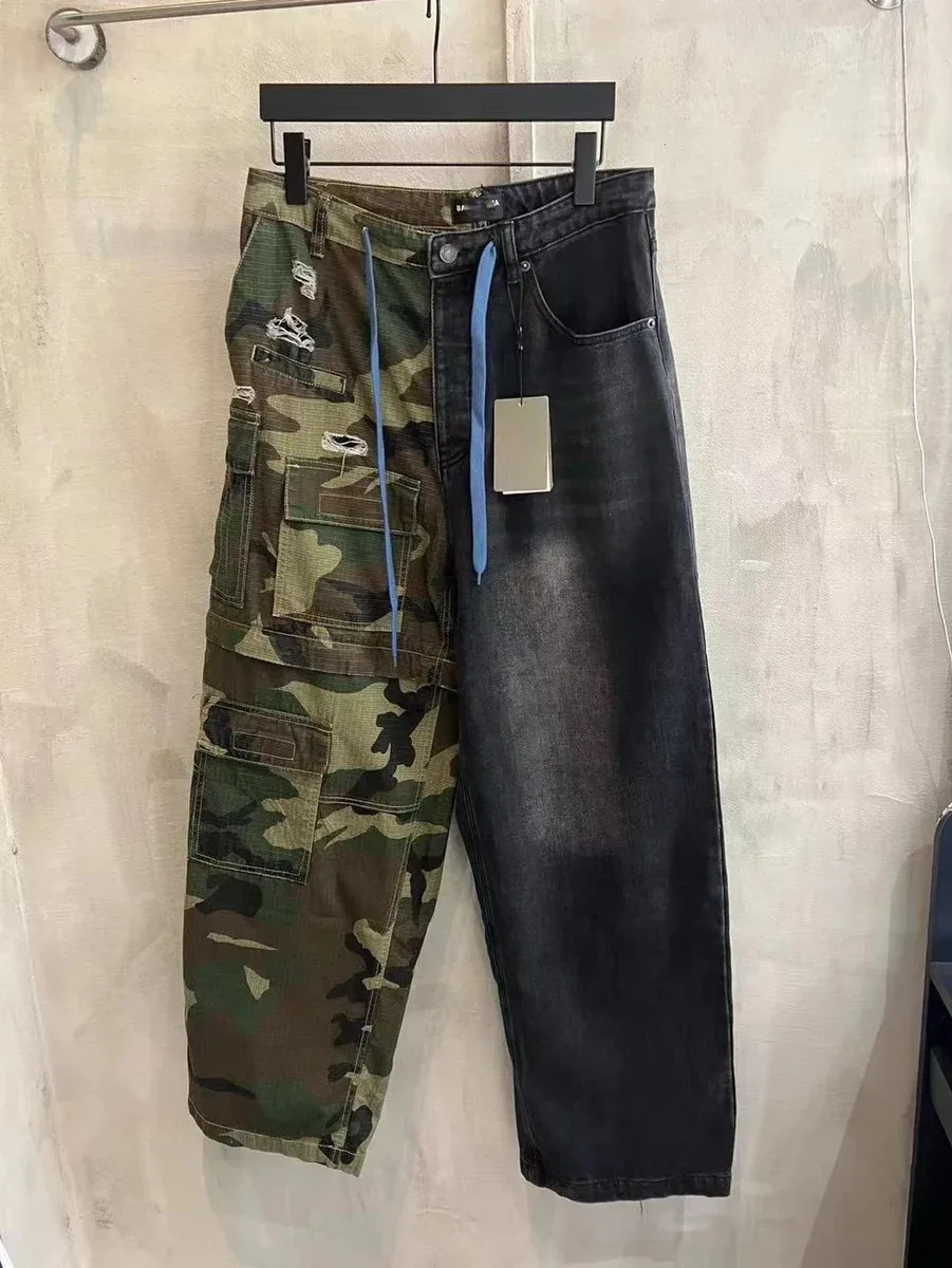 Other Unisex Dual-tone Camo & Denim Cargo Pants Green Green - 1