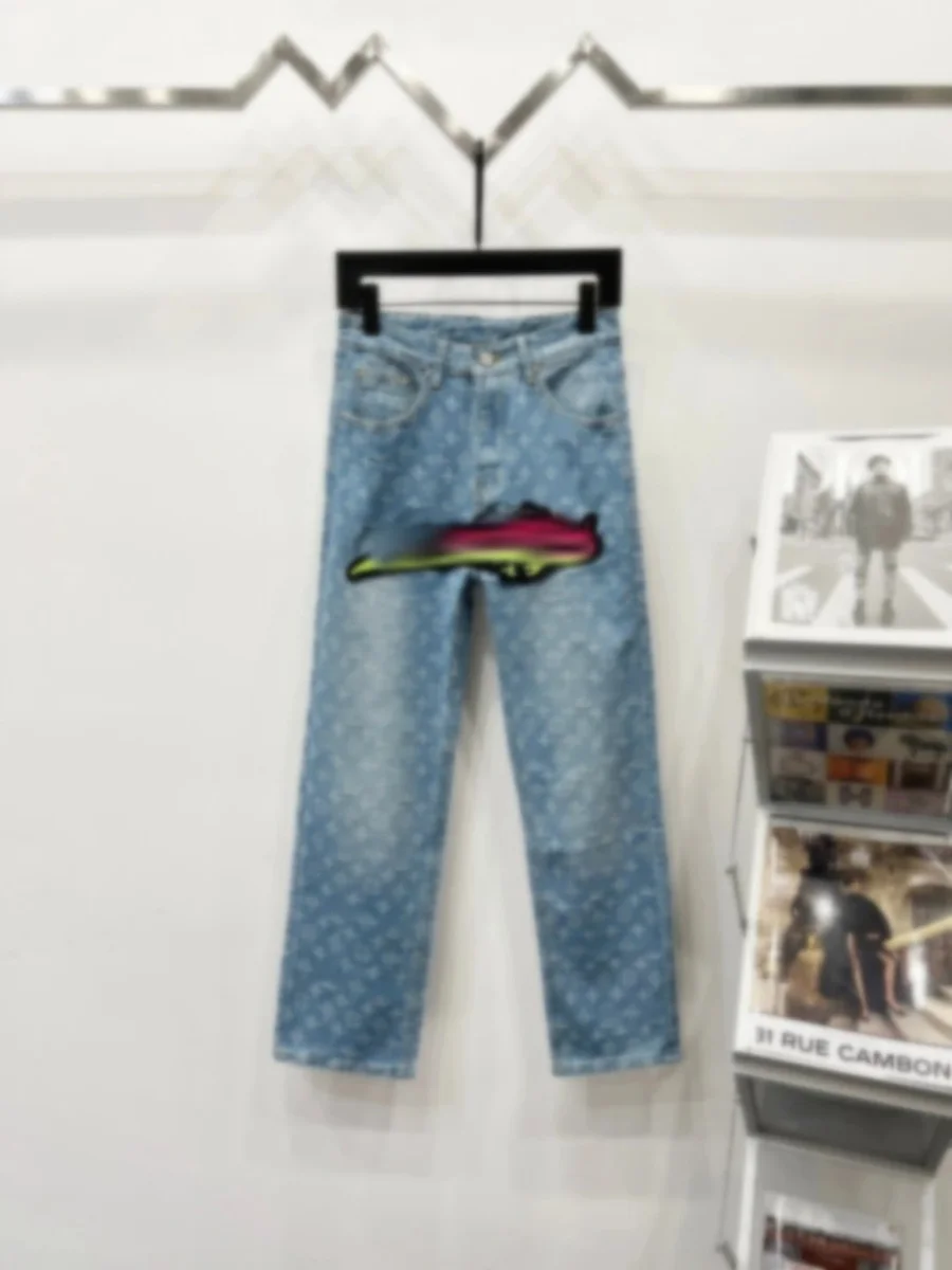 Light Blue Floral Print Jeans with Colorful Patch K680