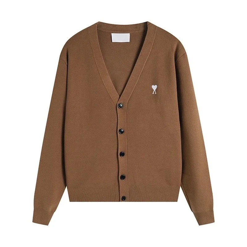 Ami Paris Ami Paris Camel Cardigan with White Heart Logo Brown - 1