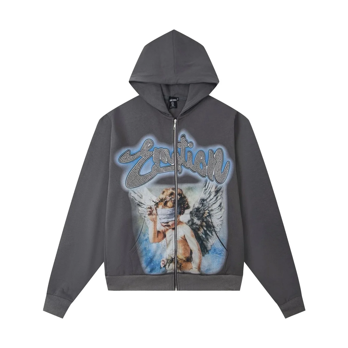 Other Unisex Dark Grey Cherub Print Zip-Up Hoodie Grey - 1