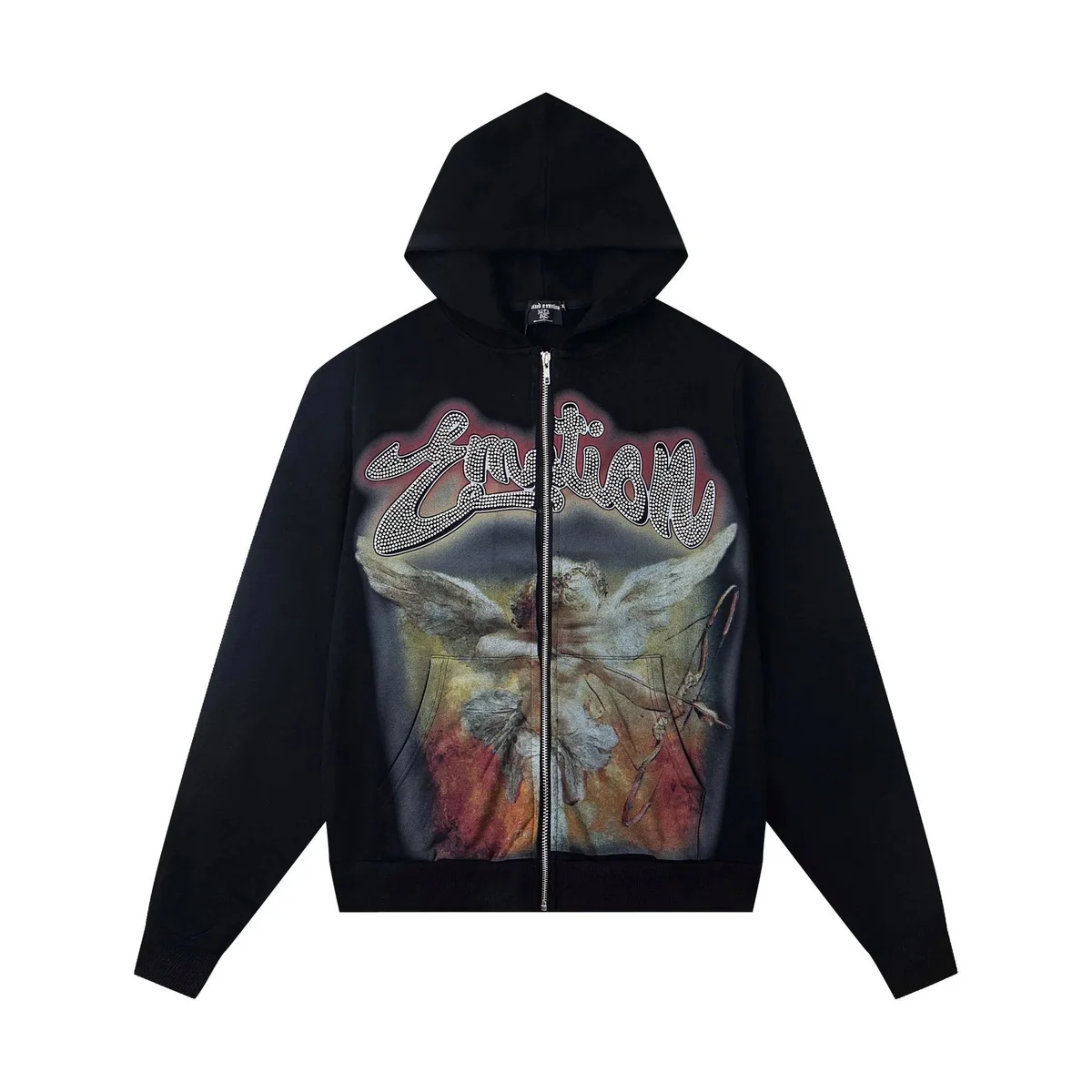 Other Black Emotion Hoodie with Angel Print Zip-Up Sweatshirt Black - 1